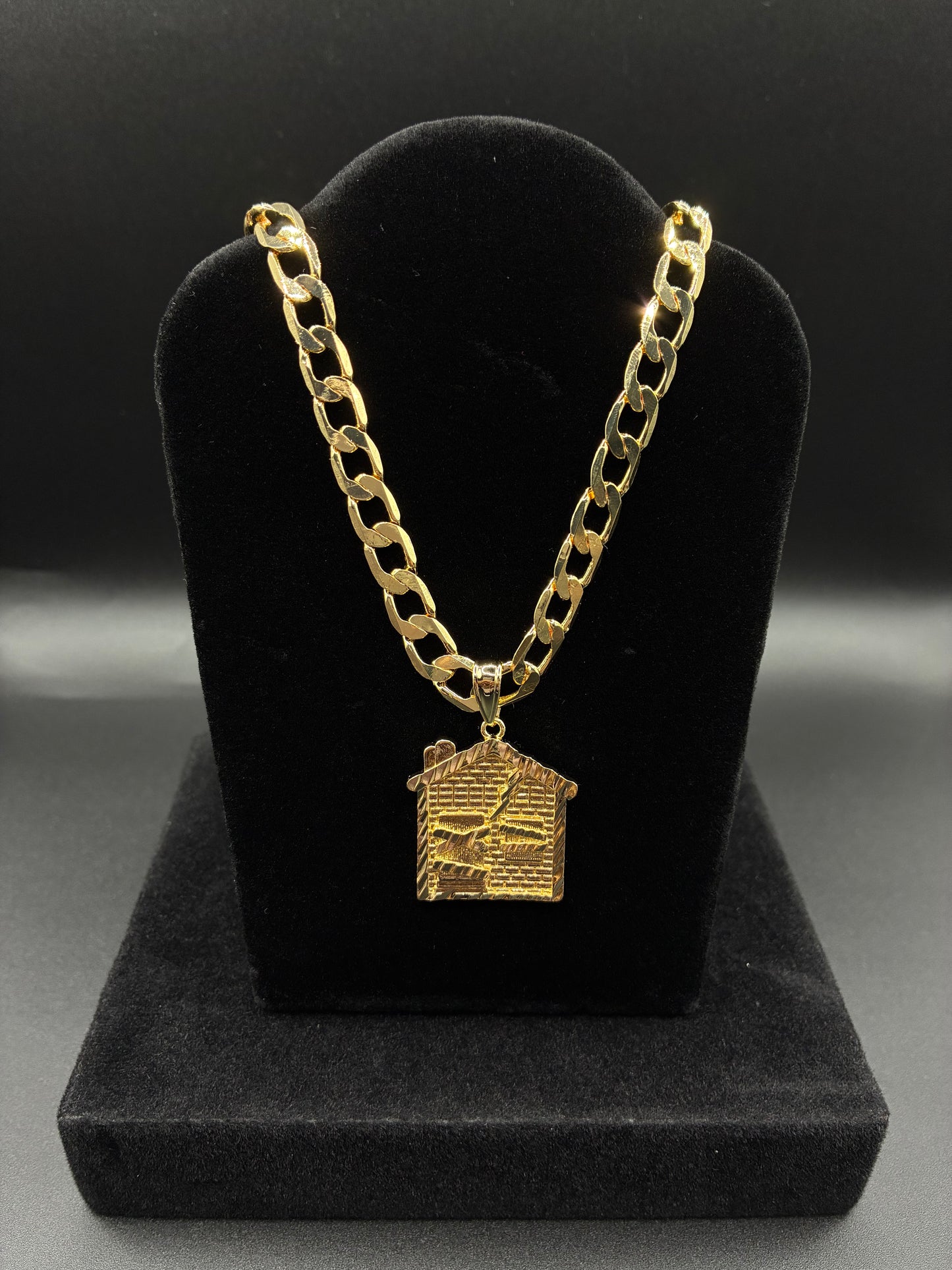 Men trap house pendant and chain 14k gold plated