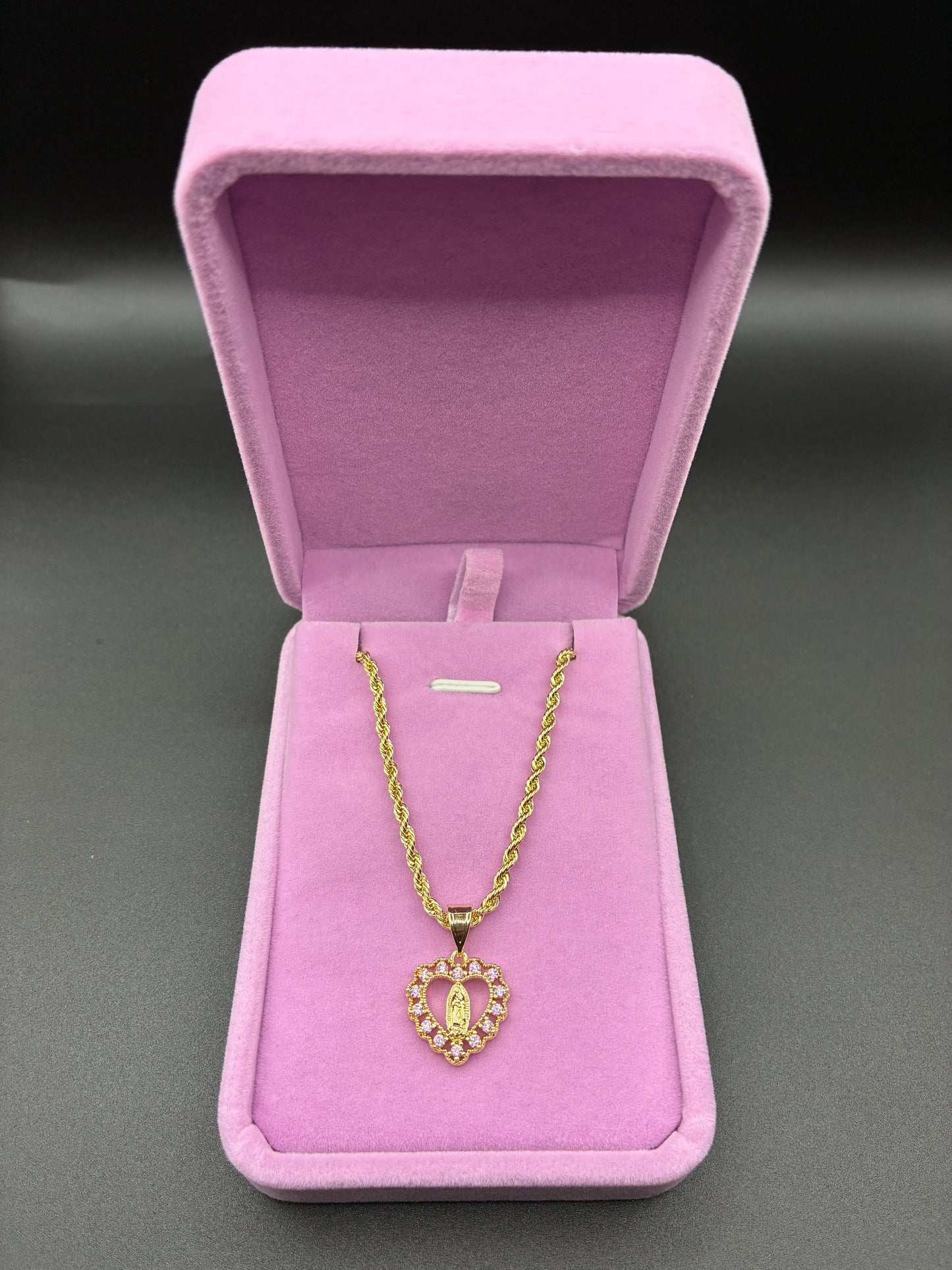 Women Virgin Mary pink heart pendant and chain 14k gold plated
