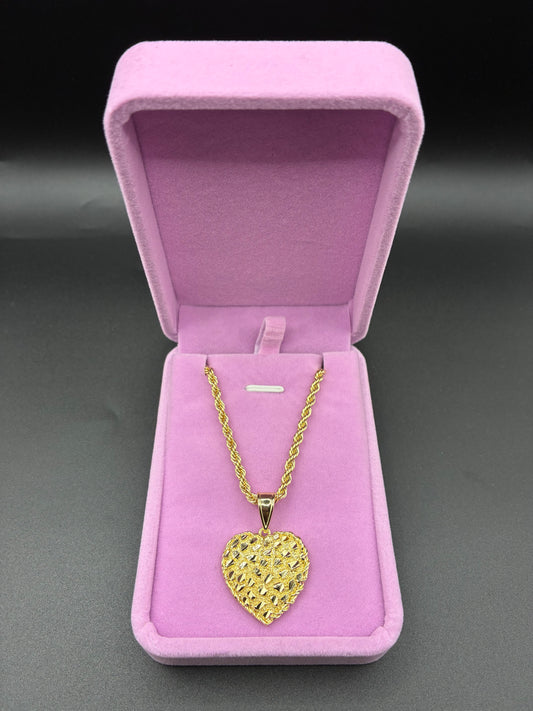 Women Nugget Heart Pendant & Chain 14k Gold Plated