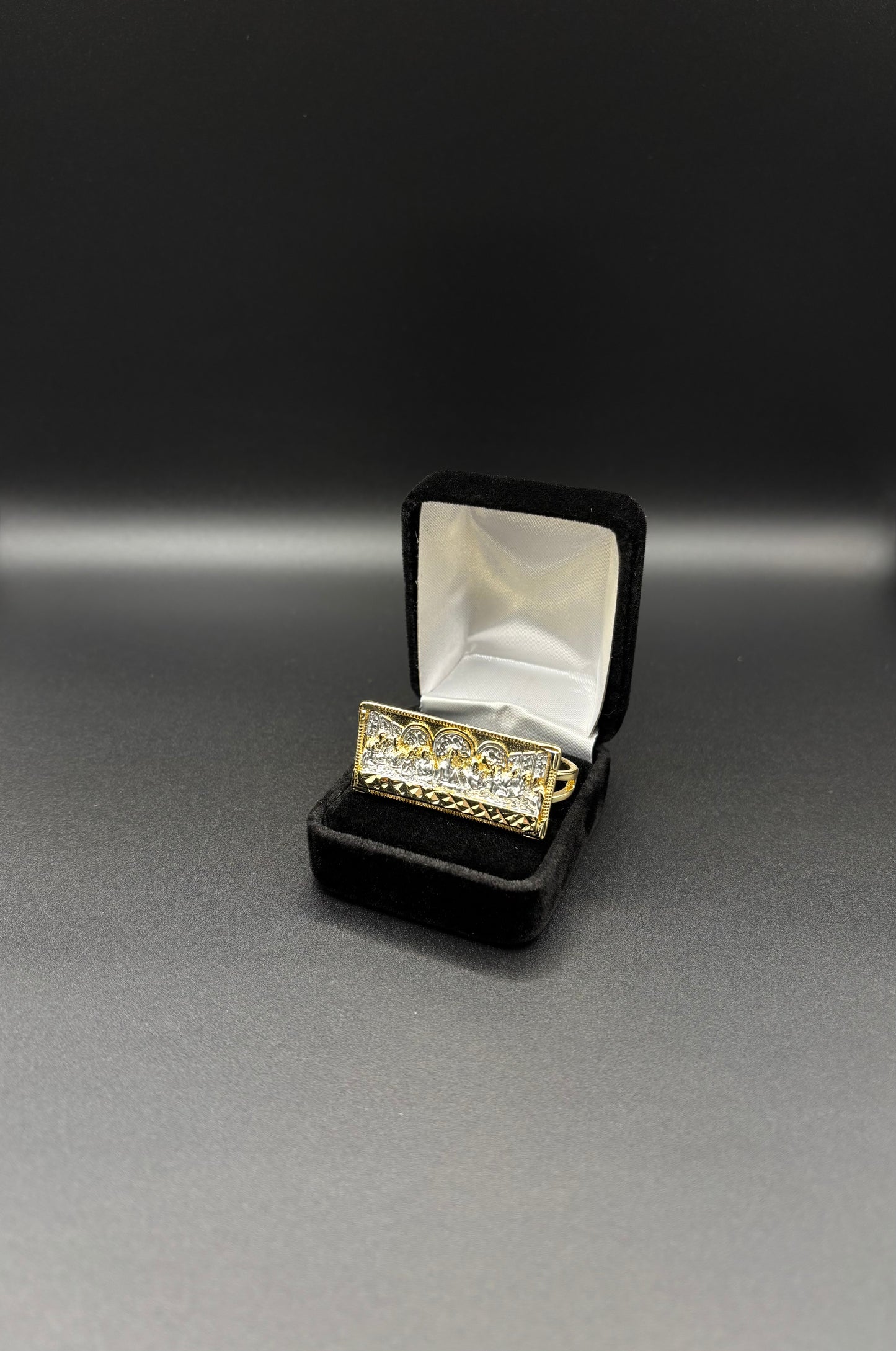 Men Ultima Cena Multicolor Double Finger Ring 14k Gold Plated