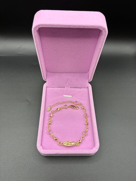Women Pink Heart Virgin Mary Bracelet 14k Gold Plated