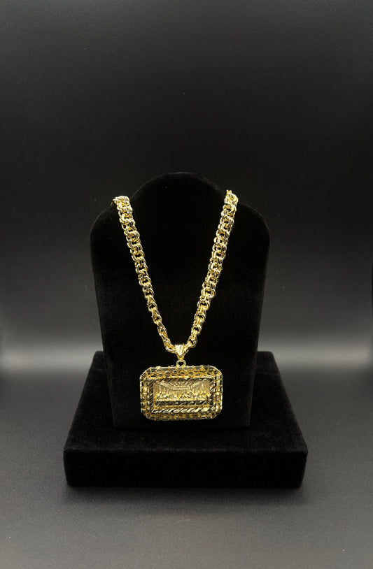 Men Chino 22inch Chain With Last Supper Nugget Pendant 14k Gold Plated