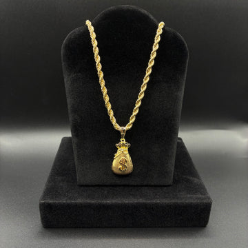 Men money bag pendant and rope chain 14k gold plated
