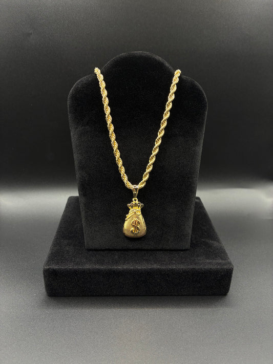Men money bag pendant and rope chain 14k gold plated