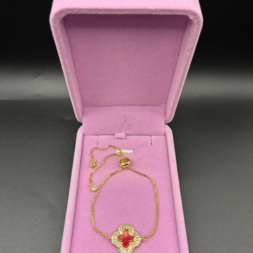 Women red clover bracelet 14k gold plated