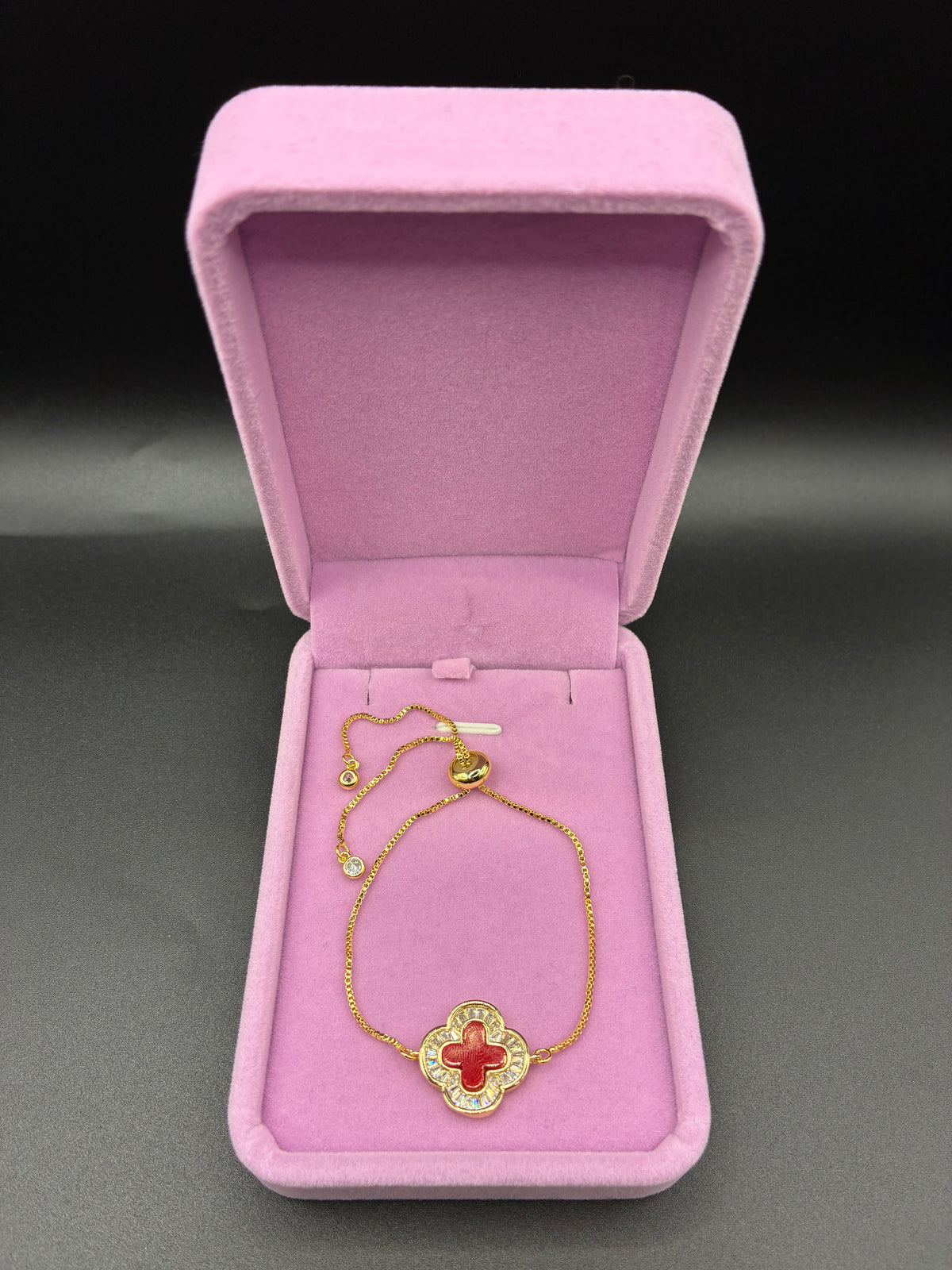 Women red clover bracelet 14k gold plated