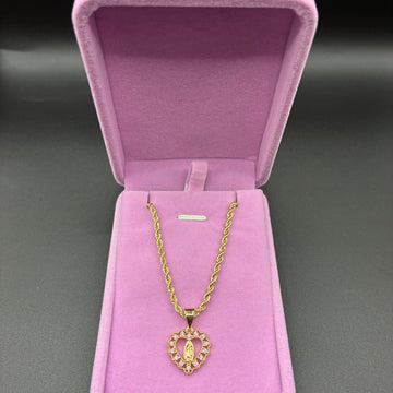 Women Virgin Mary pink heart pendant and chain 14k gold plated