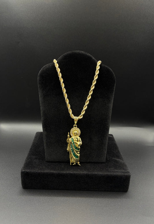 Men San Judas pendant and rope chain 14k gold plated