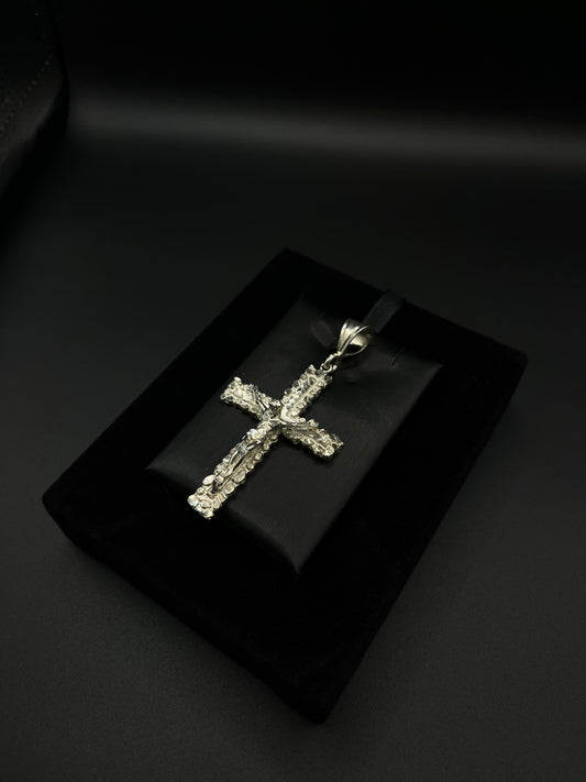 Men Jesus Nugget Cross Pendant 925. Silver