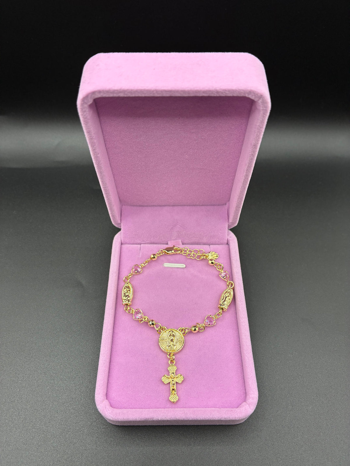 Women Pink Virgin Mary rosary 14k gold plated
