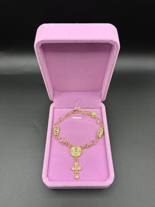 Women Pink Virgin Mary rosary 14k gold plated