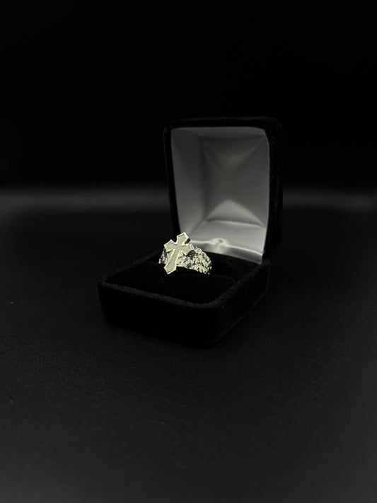 Men Small Nugget Cross Ring 925. Silver
