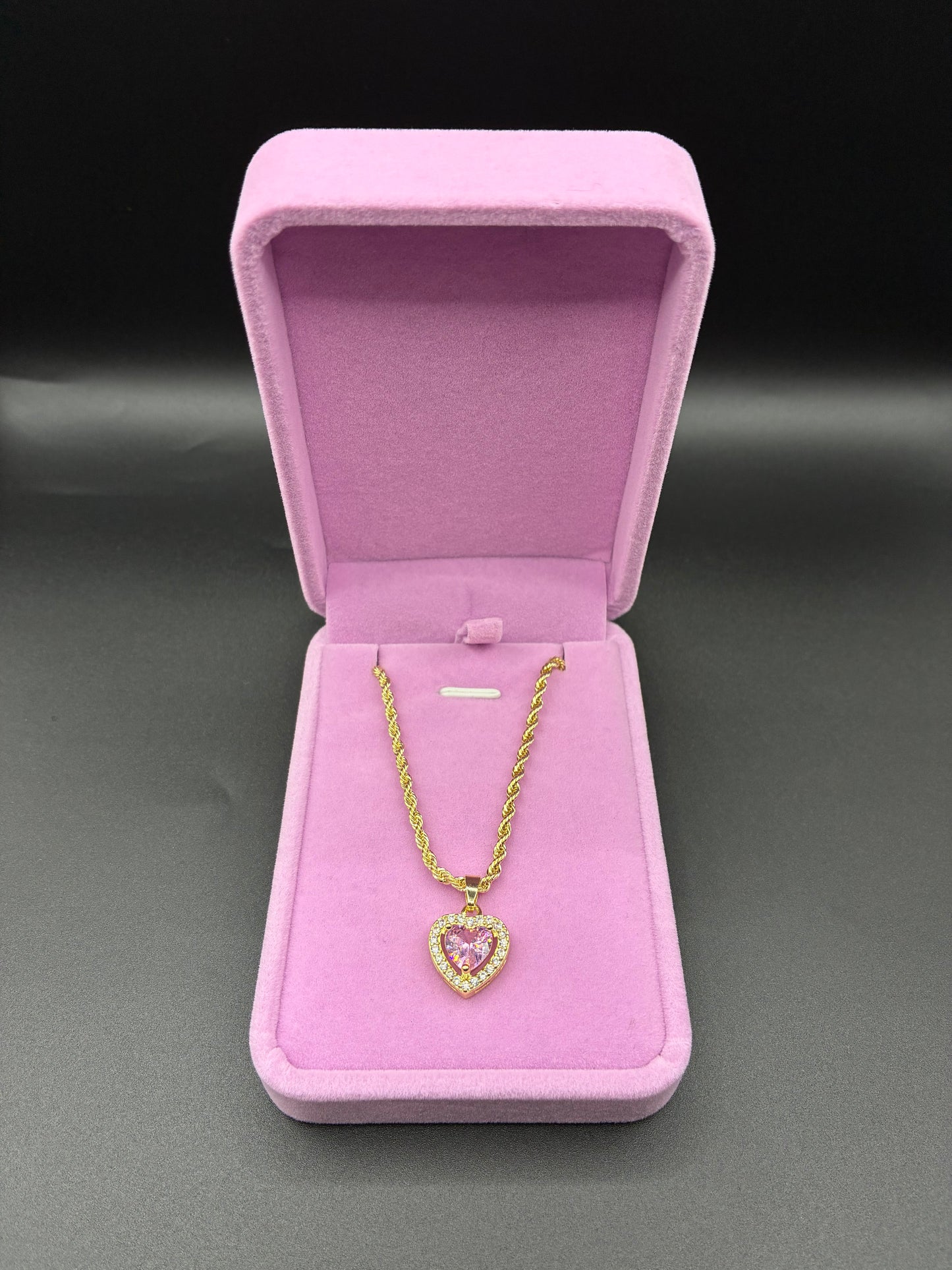 Women pink heart pendant and chain 14k gold plated
