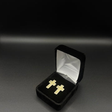 Men CZ Nugget Cross Earrings 14k Gold Plated