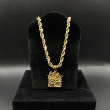 Men trap house pendant and rope chain 14k gold plated