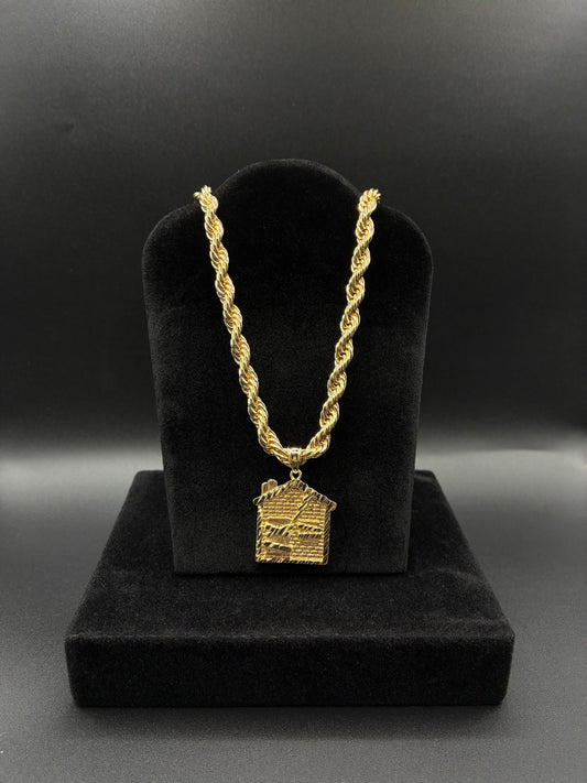 Men trap house pendant and rope chain 14k gold plated