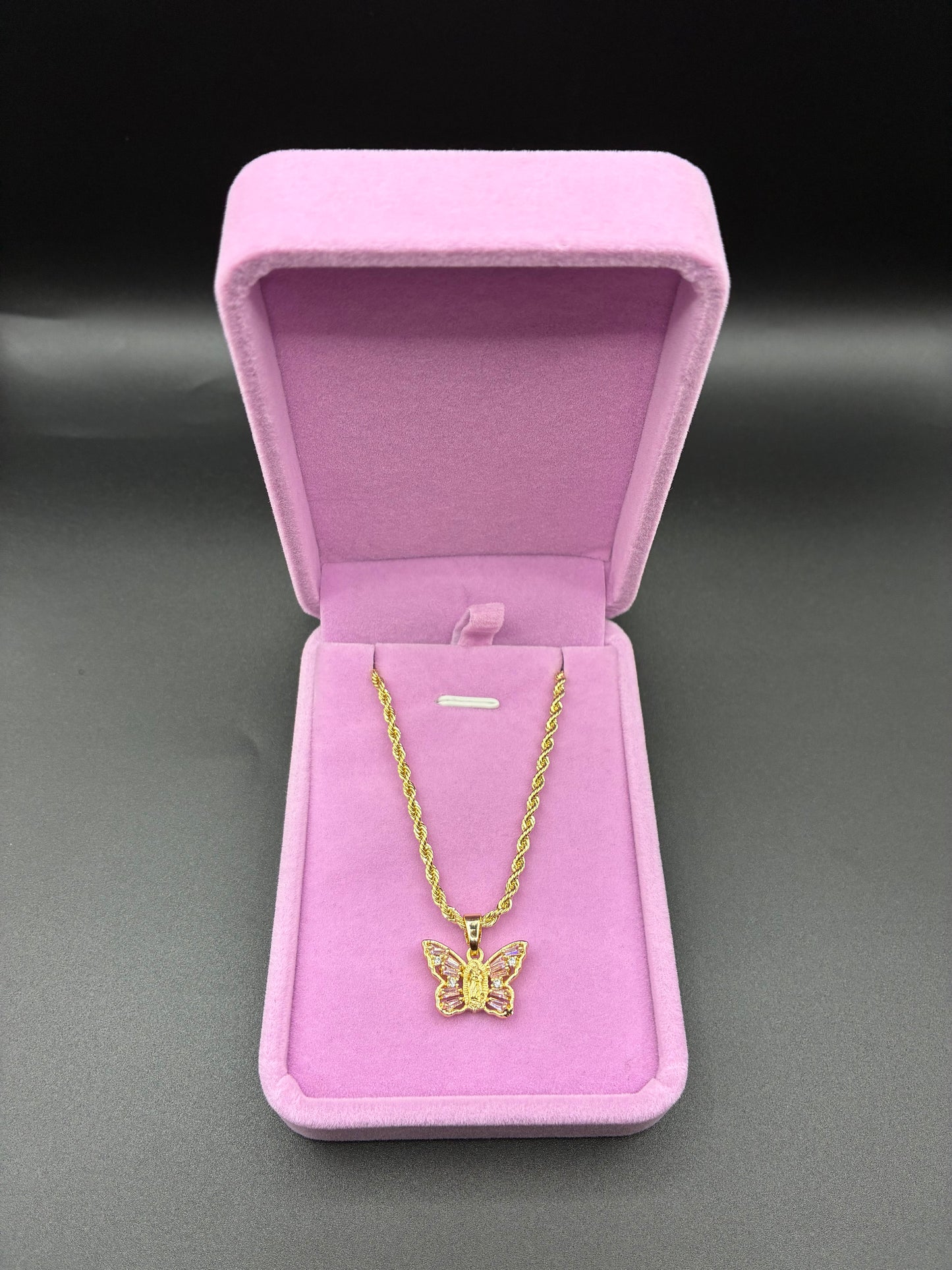 Women pink butterfly Virgin Mary pendant and chain 14k gold plated