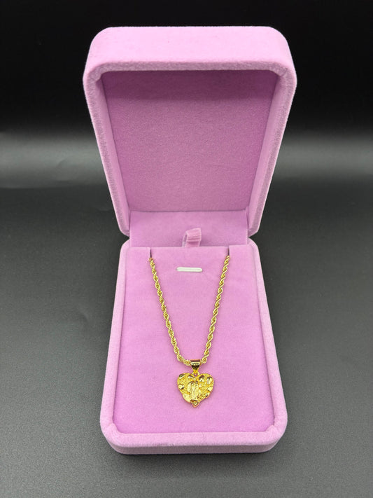 Women Virgin Mary Nugget Heart Pendant & Chain 14k Gold Plated