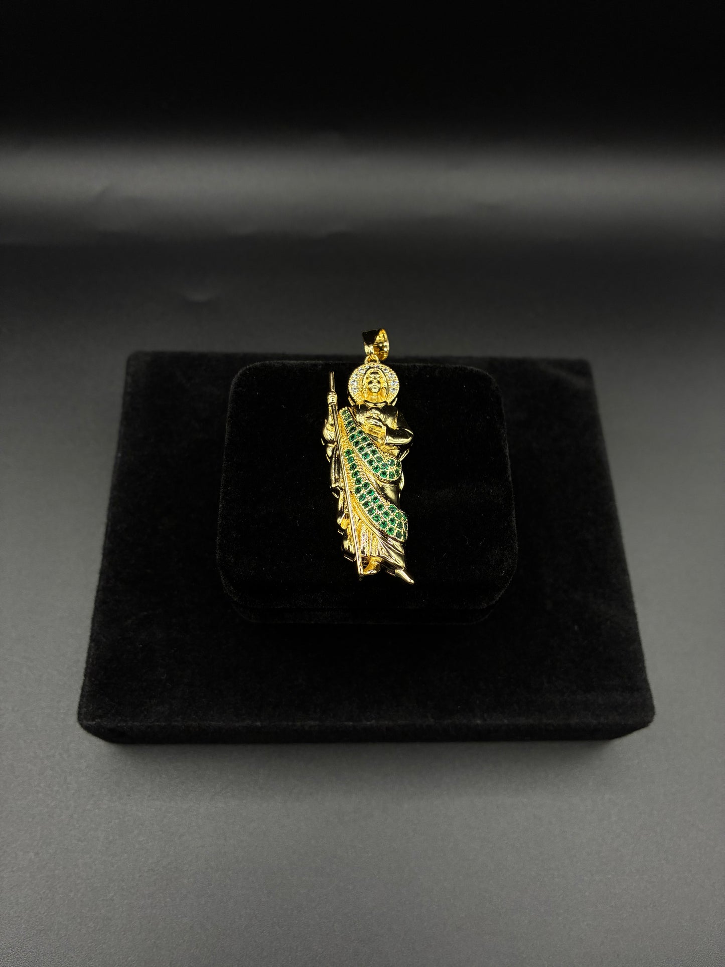 Men green San Judas pendant 14k gold plated