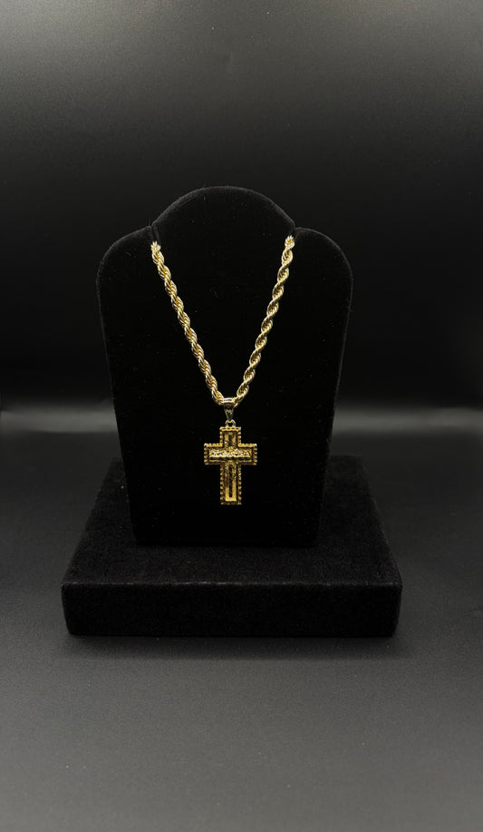 Men Rope Chain 24inch With Last Supper Cross Pendant 14k Gold Plated