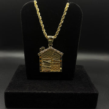 Men Twisted Rope Chain 24inch With Big Trap House Pendant 14k Gold Plated