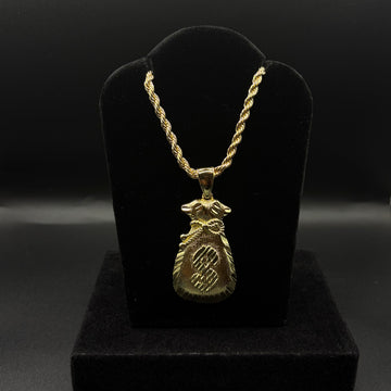Men Rope Chain 24inch With Big Money Bag Pendant 14k Gold Plated