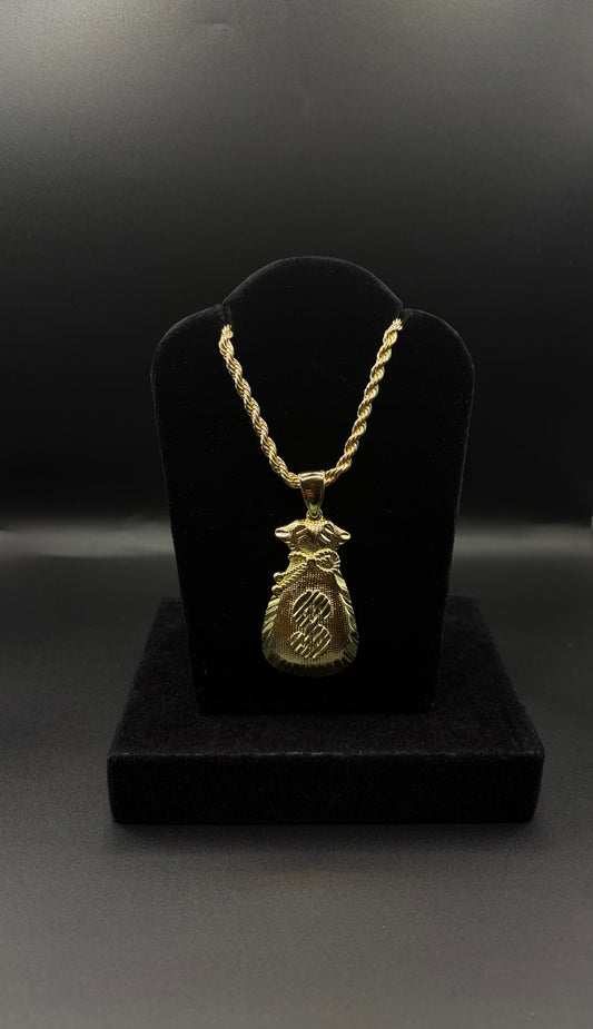 Men Rope Chain 24inch With Big Money Bag Pendant 14k Gold Plated