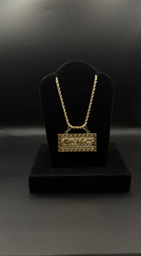 Men Rope Chain 26Inch With Last Supper Pendant 14k Gold Plated