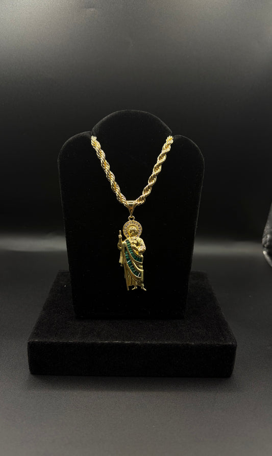 Men Rope Chain 24inch With San Judas Pendant 14k Gold Plated