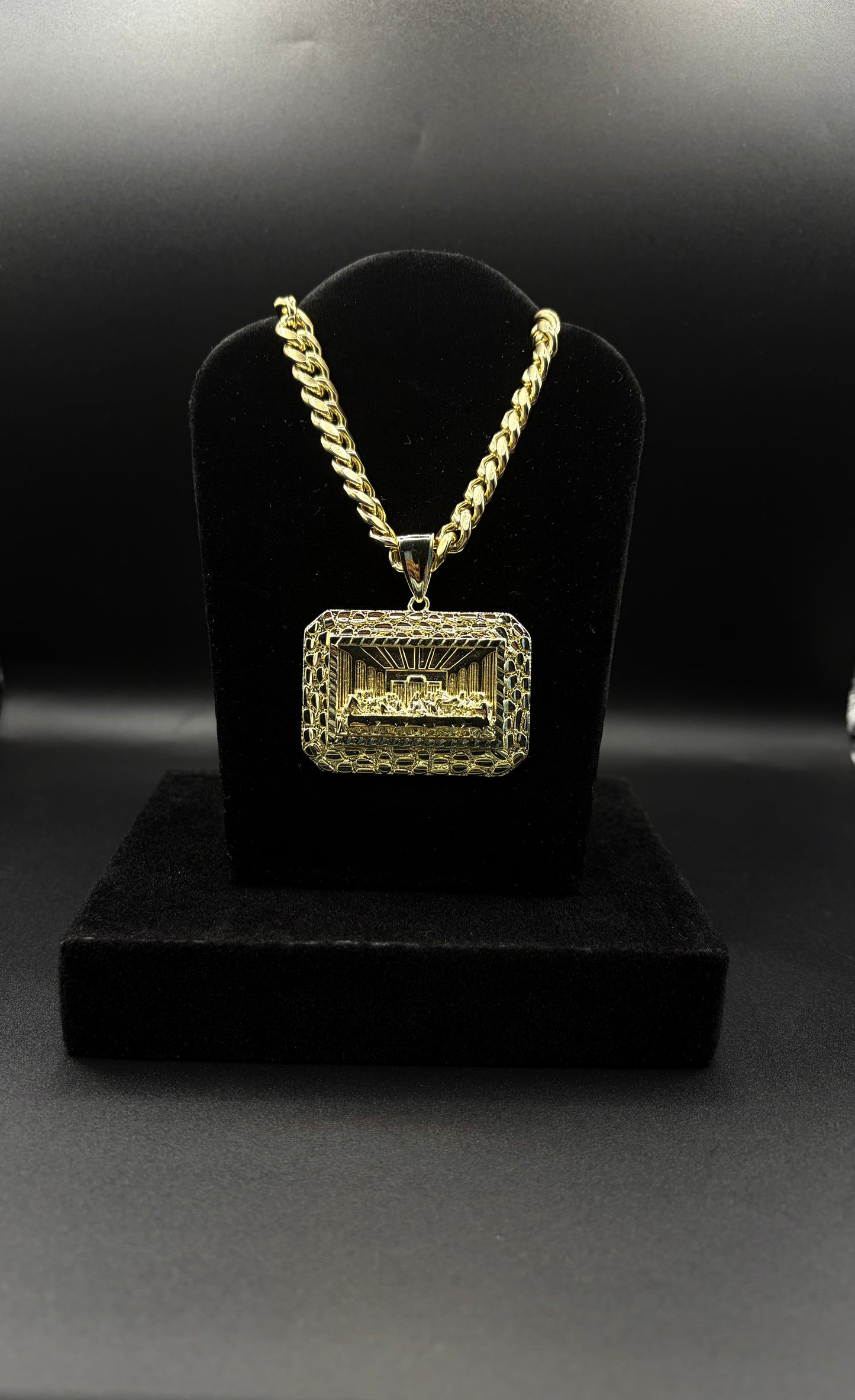 Men Miami Cuban 28inch With Last Supper Nugget Pendant 14k Gold Plated