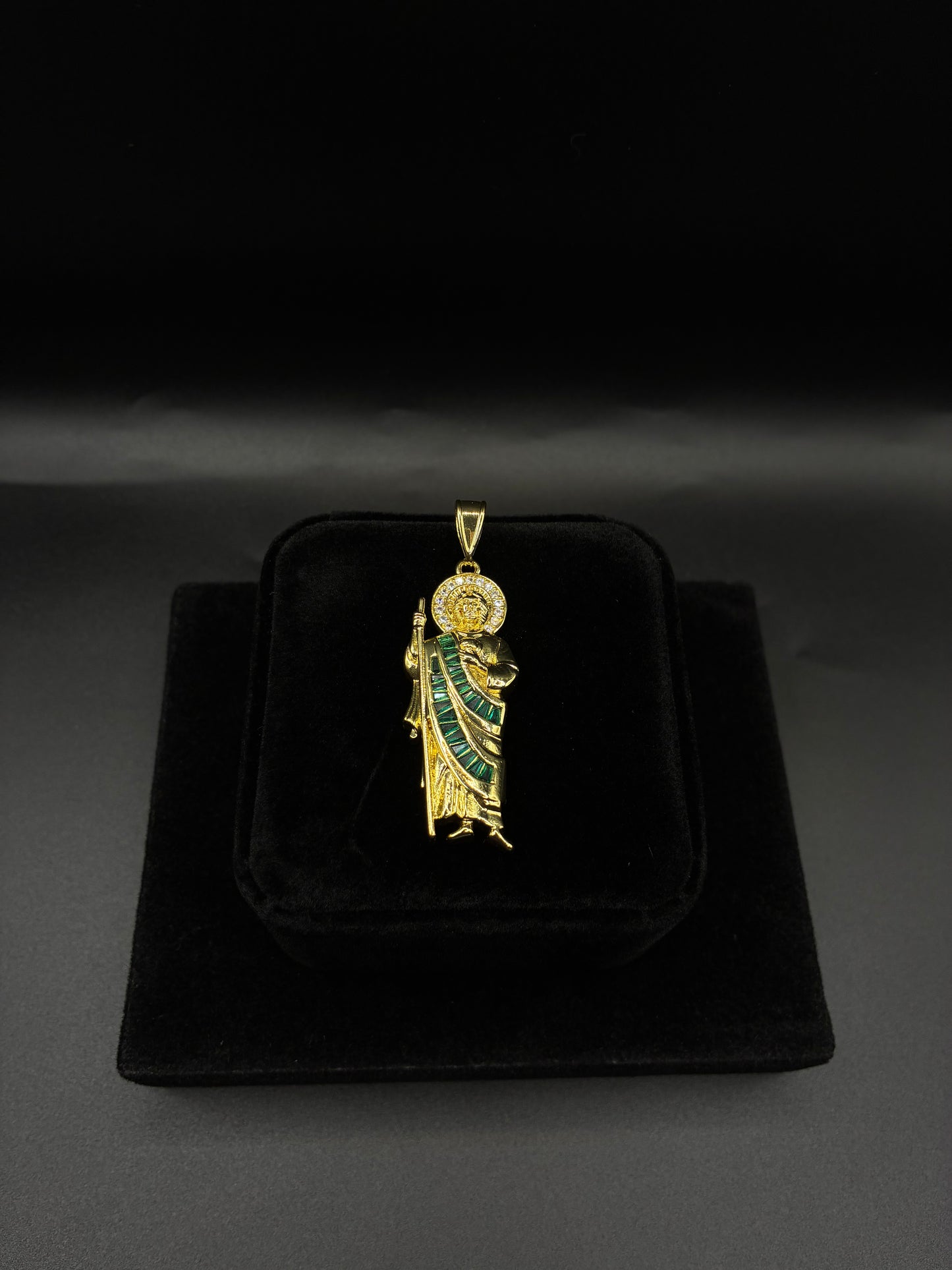 Men Green Gem San Judas Pendant 14k Gold Plated