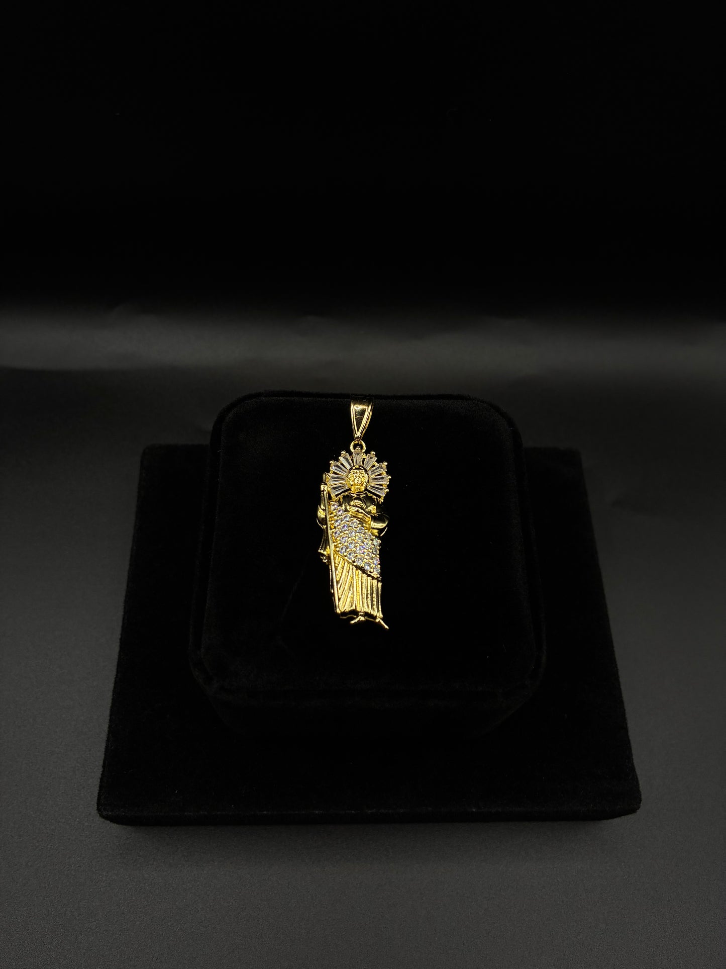 Men White Gems San Judas Pendant 14k Gold Plated