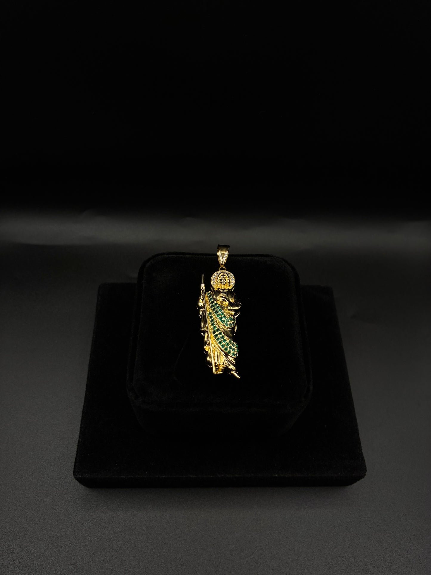 Men Green Rhinestone San Judas Pendant 14k Gold Plated